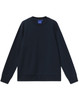 A unisex crew neck sweater in navy blue, featuring long sleeves and a plain design. It has a branding label.