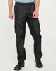Lightweight black nylon waterproof rain pants with an elastic waistband and side pockets, featuring a logo.