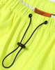Bright yellow lightweight nylon waterproof rain pants with an adjustable drawstring waistband and branding tag.