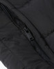 A close-up of a black insulated puffer vest featuring a zippered pocket and a quilted texture.