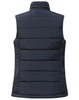 A navy insulated puffer vest with a 3D cut and a high collar, featuring a logo. Ideal for layering.