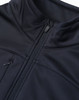 A black sustainable softshell jacket featuring a zip closure and a high collar, with an attached logo.