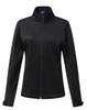 A softshell corporate jacket for ladies in black, featuring a zip front and a collar. It has a logo.