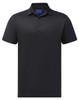 A black men's sustainable jacquard knit short-sleeve polo with a collar and three-button placket, featuring a logo.