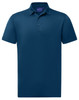 A navy blue sustainable jacquard knit short sleeve polo shirt with a collar and a logo.