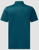 A teal sustainable jacquard knit short-sleeve polo shirt, featuring a collar and a branding logo.