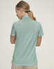 A green ladies' polo shirt with a jacquard knit design, featuring a collar and short sleeves.