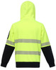 A safety hoodie in high-visibility yellow with black sleeves and segmented reflective tapes. It features a hood.