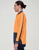 A safety long-sleeve polo shirt in hi-vis orange with navy blue accents, featuring a logo.