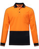 Hi-vis long-sleeve polo in vibrant orange with a navy lower section and a chest pocket, featuring a logo.