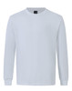 A long-sleeve tee shirt in white, featuring a crew neck and a logo on the tag.