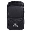 A black laptop backpack featuring a front pocket and a logo. It has a sleek, modern design suitable for daily use.