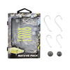 A fishing tackle kit featuring metallic hooks and grey sinkers in a compact packaging with a logo.