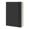A black 2026 daily planner with a soft cover and an elastic band. Features cream-coloured pages.