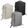 A range of three backpacks in cream, grey, and black, featuring zippers and a logo.
