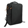A black daily backpack with a sleek design, featuring multiple zippers and a logo on the front.