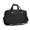A black duffle bag with brown accents, featuring two handles and a removable shoulder strap. It has a logo on the front.