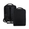 A black travel backpack featuring adjustable straps, a top handle, and a sleek design. It includes a logo on the front.