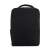 A black travel backpack with a simple design and a top handle. It features a logo.