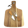 A wooden cheese board with a natural finish, accompanied by a sharp knife and a fork, both featuring wooden handles.