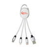 A charging cable with multiple connectors in silver and white, featuring a logo on the central hub.
