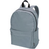 A grey laptop backpack with a main compartment and front pocket, featuring a logo on one side.