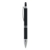 A black pen with a silver clip and tip, featuring a sleek design and a stylus at the top.