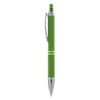 A green pen with a shiny silver clip and a metallic tip, featuring a sleek design. It also has a branding logo.