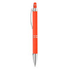 A promotional pen in bright orange with a shiny silver clip and tip. It features a logo on the body.