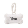 A white, speckled bone-shaped dog waste bag dispenser with a clip, featuring a logo.