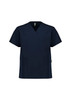 A navy unisex V-neck scrub top with short sleeves and multiple pockets. It features a branding logo.