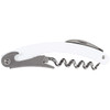 A waitress knife featuring a white handle and stainless steel corkscrew, with an integrated bottle opener.