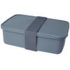 A grey lunch box with a tight-fitting lid secured by a grey strap, featuring a simple design and a logo.