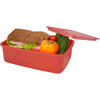 A red lunch box with a sandwich, a cucumber, a tomato, and a yellow capsicum inside. It has a transparent lid.