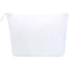 A white toiletry bag with a zip closure, featuring a simple design and a logo.