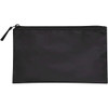 A black toiletry bag with a zip closure. It features a simple design and has a logo on it.