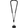 A black phone lanyard with a clasp and a rectangular attachment. The lanyard features a smooth, streamlined design.