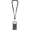 A black phone lanyard holds a mobile phone with a sleek design and a logo, featuring a secure attachment.