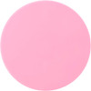 A round pink makeup mirror with a smooth surface, featuring a simple design and a logo.