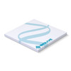 A square sticky pad in white with a blue design, featuring 50 sheets. It has a logo on the front.