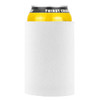 A white neoprene stubby holder encasing a yellow drink can, featuring a logo at the top.
