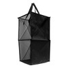 A black Nora Laundry Basket with a foldable design and mesh panels, featuring two compartments and carrying handles.