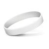 A white embossed silicone wristband displayed at an angle, showcasing its smooth surface and flexible design.