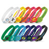 Silicone wristbands in various colours, featuring debossed designs and logos for different themes and events.