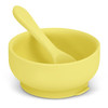 A yellow suction bowl set with a matching spoon, made from silicone material. Lightweight and easy to clean.