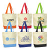 A collection of canvas tote bags in various colours, featuring different logos and designs.
