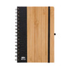 A bamboo notebook with a black textured cover and a black elastic band. Features a spiral binding and a logo.