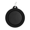A black collapsible bowl with a carabiner clip for easy attachment. It features a circular design.