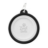 A black and white collapsible pet bowl with a logo, featuring a carabiner for easy attachment.