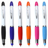 A selection of six ballpoint pens with coloured grips, featuring black, blue, red, orange, pink, and purple options. Each has a logo.